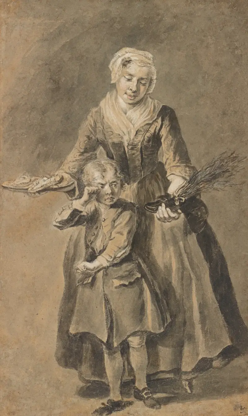 A Woman Showing A Weeping Boy His Shoe of Switches av Cornelis Troost