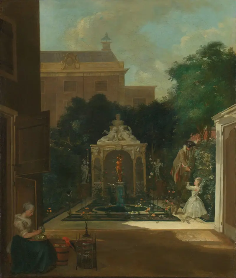 En amsterdamsk kanalhussträdgård av Cornelis Troost