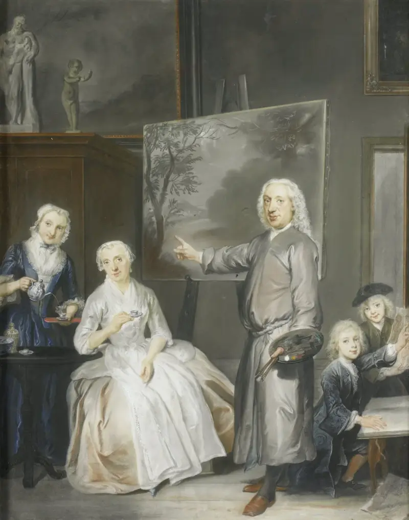 De landschapschilder Dirk Dalens III met zijn tweede echtgenote Maria Schaack en de kinderen Anna, Willem en Jacobus av Cornelis Troost