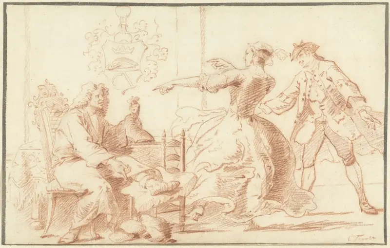 De rijke podagralijder, uitgelachen door een jonge vrouw, av Cornelis Troost