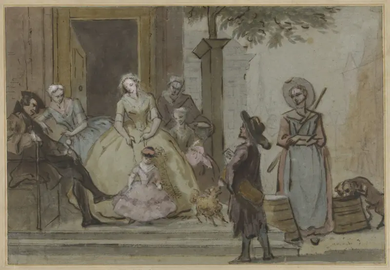 Draailier-speler voor een luisterende familie op de stoep van een stadshuis av Cornelis Troost