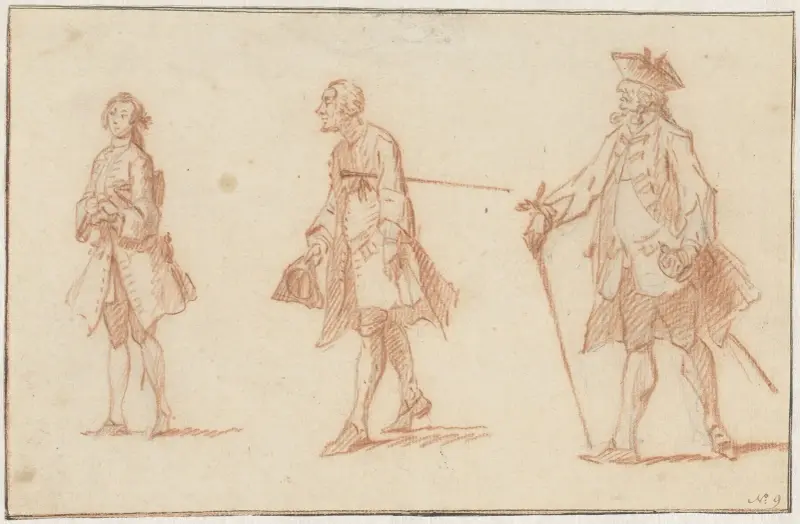 Tre manliga figurer, två med käpp och hatt av Cornelis Troost