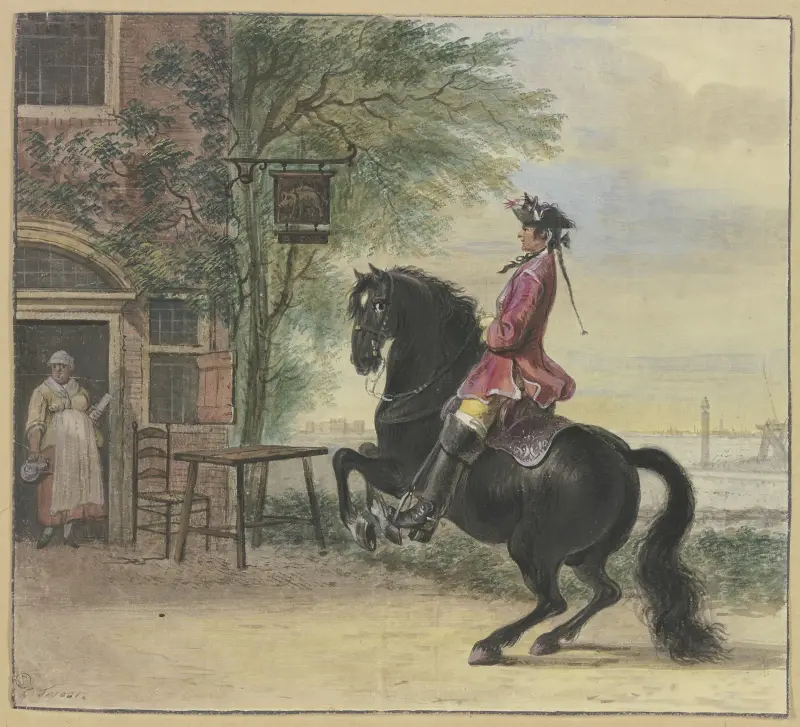Ein Reiter mit Dreispitz und Zopf, im Hintergrund eine Kanallandschaft av Cornelis Troost