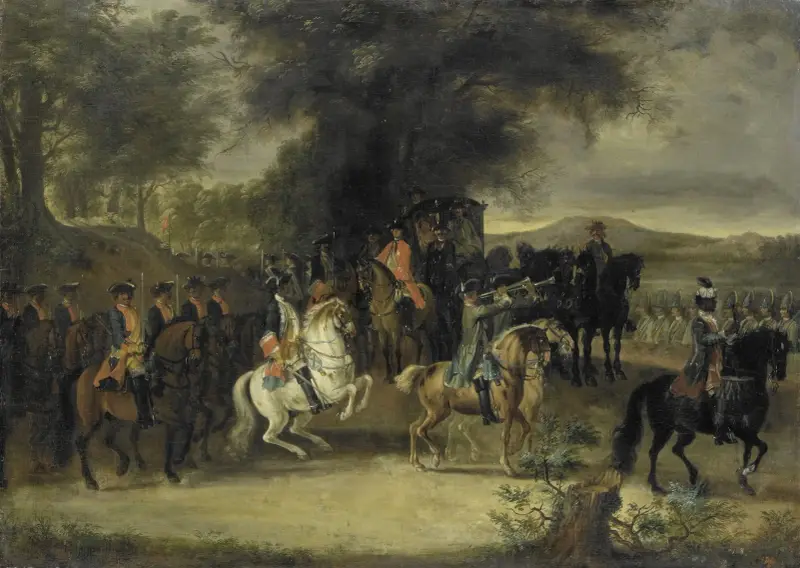Inspektion av ett kavalleriregemente, möjligen av Vilhelm av Hessen-Homburg av Cornelis Troost