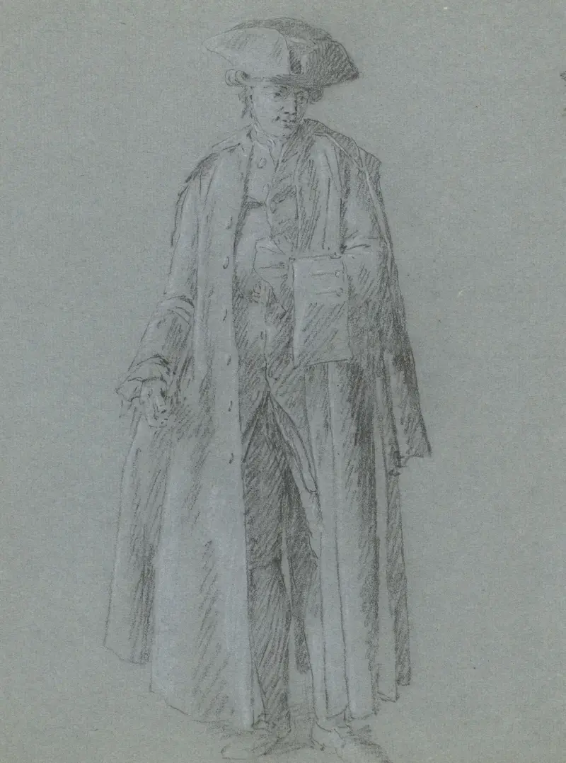 Man med stickad mössa i mycket lång rock, en hand instoppad i västen (1700-talet) av Cornelis Troost