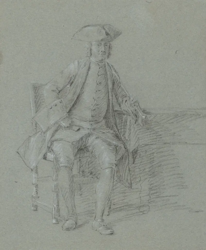 Mann mit Hut und langer Pfeife in der rechten Hand, an einem Tisch sitzend von Cornelis Troost