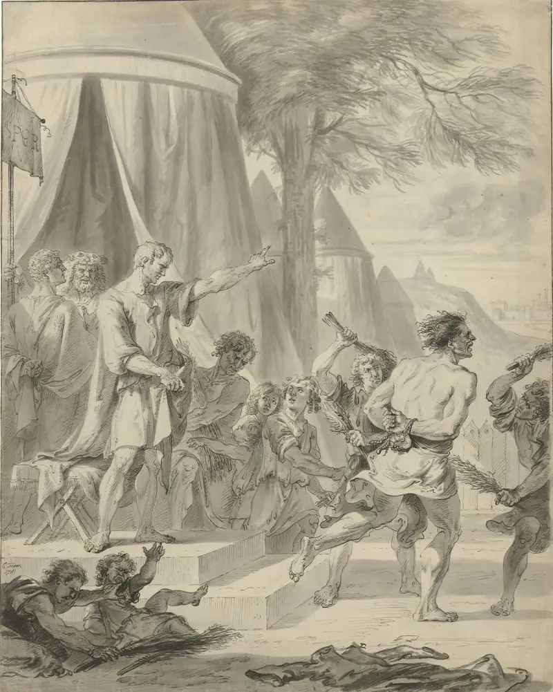 Marcus Furius Camillus låter skolmästaren från Falerii piskas av sina elever av Cornelis Troost