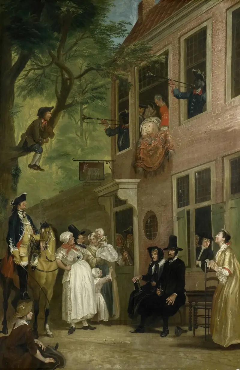 Misled; The Ambassador of the Rascals Exposes himself from the Window of ‘t Bokki Tavern in the Haarlemmerhout av Cornelis Troost