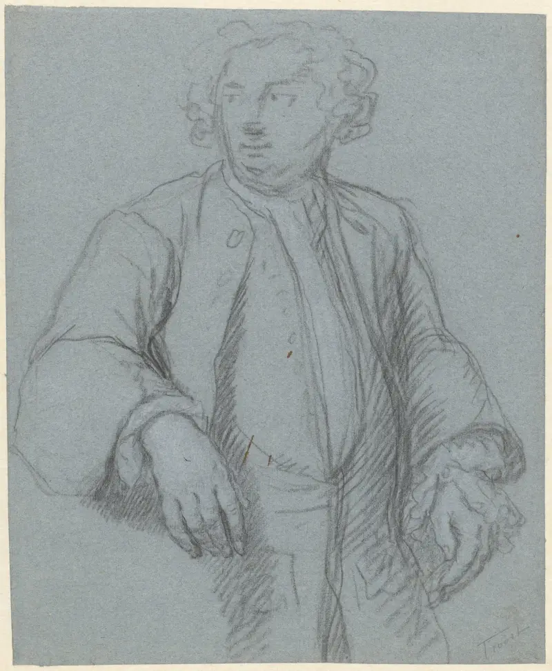 Portret van een onbekende man met lange jas, driekwart naar links av Cornelis Troost