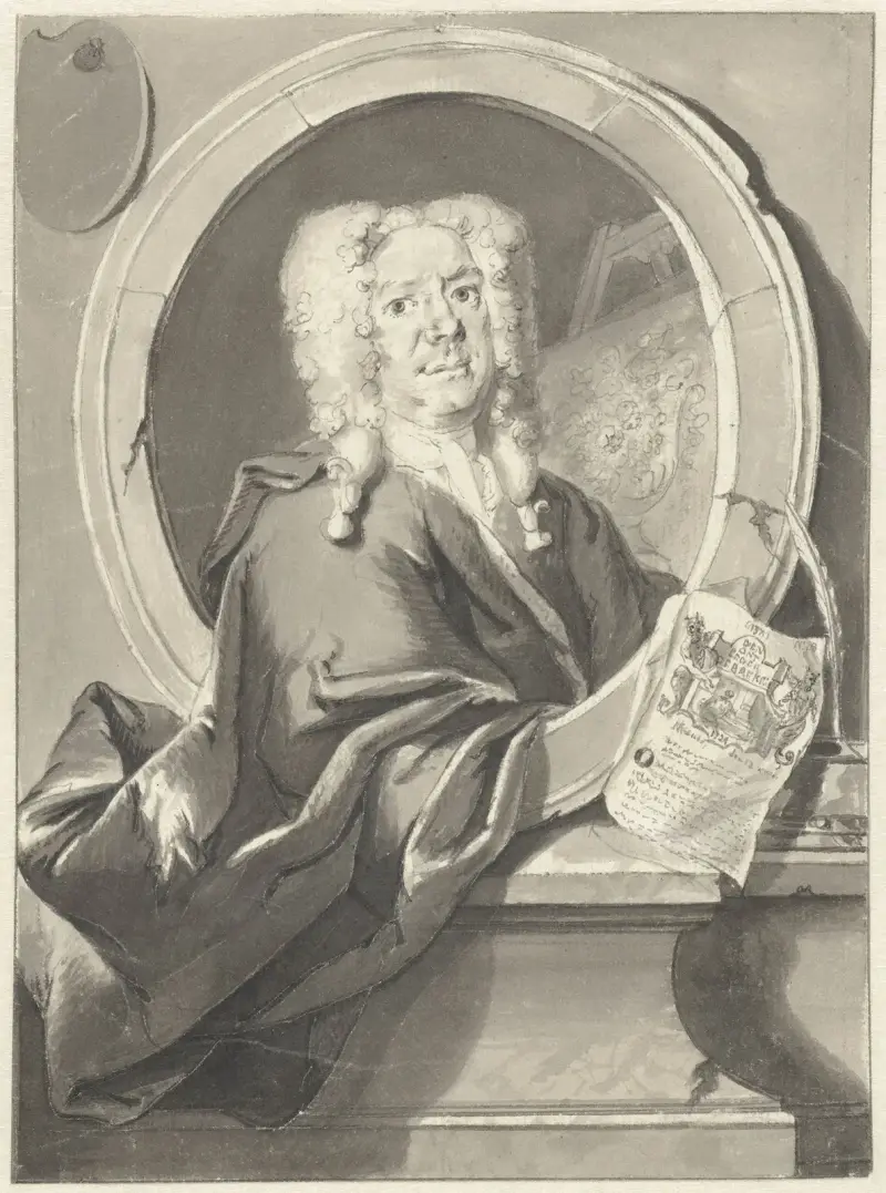 Porträtt av Jacob Campo Weyerman i medaillon av Cornelis Troost