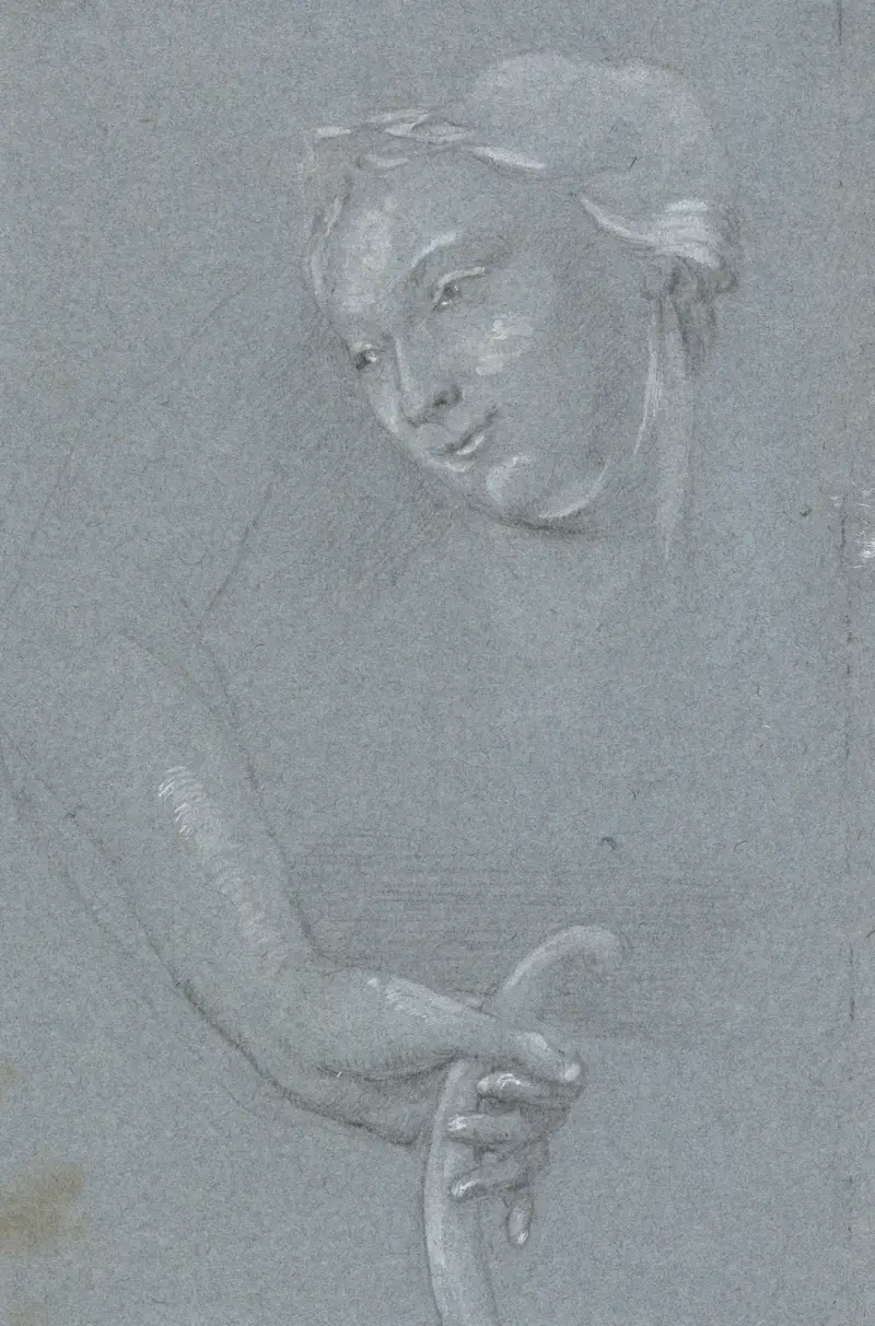 Studienblatt mit Frauenkopf und einer Hand mit Bogen von Cornelis Troost