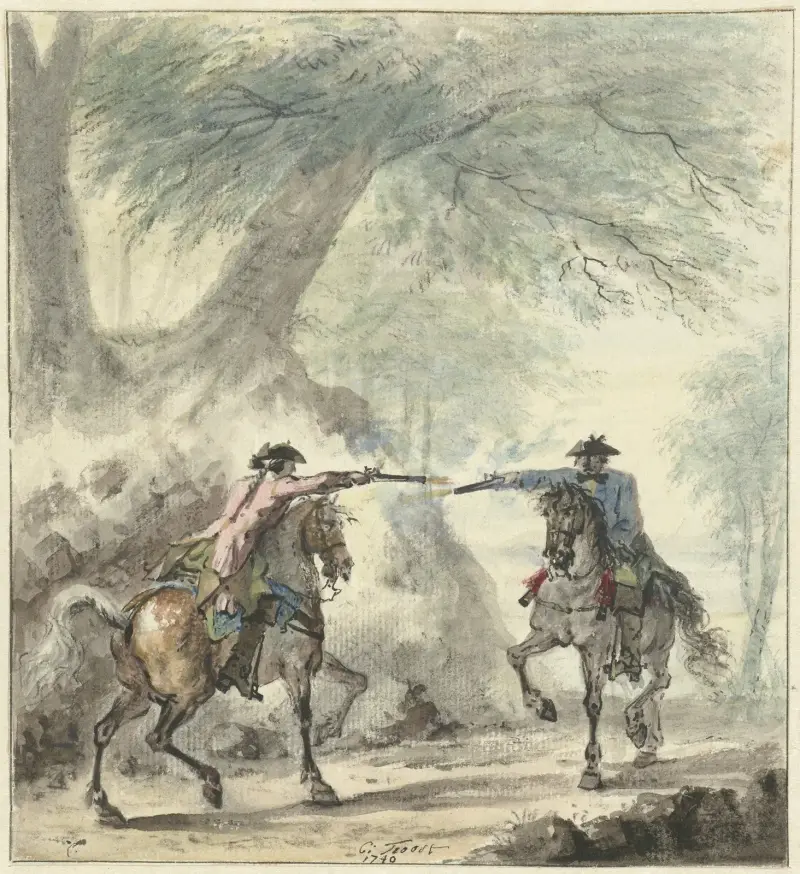 Zwei Reiter, die sich auf einem Waldweg begegnen und aufeinander schießen von Cornelis Troost