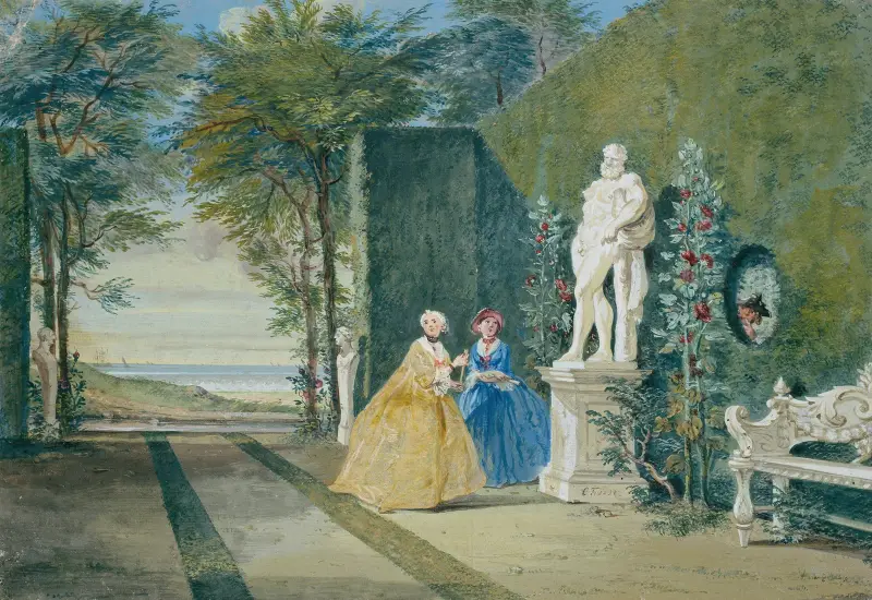 Blick in einen Park mit zwei jungen Damen bei einer Herkulesstatue von Cornelis Troost