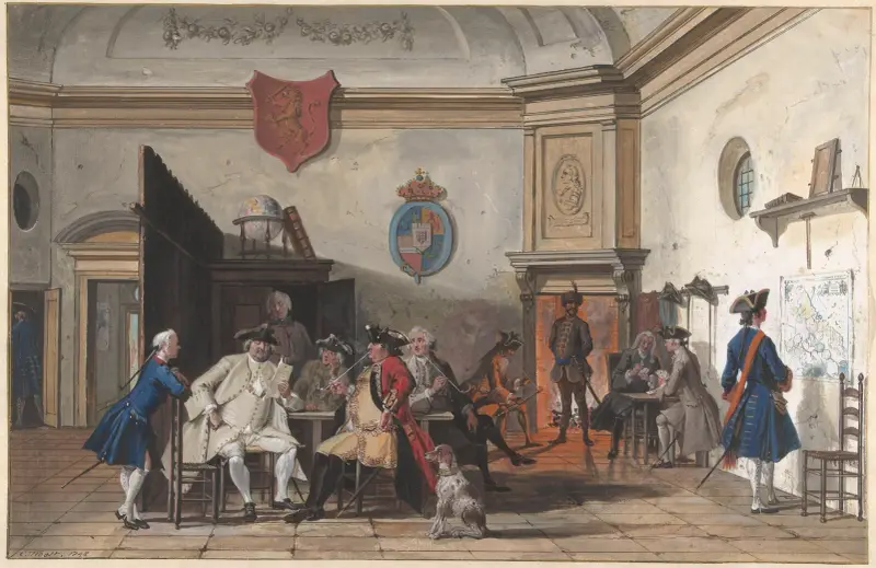 Wachtlokaal met lezende, rokende en kaartspelende officieren av Cornelis Troost