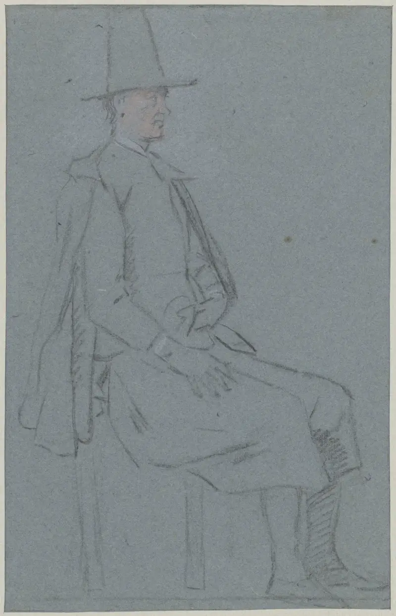 Sittande kväkare, profil mot höger, med en hand på låret av Cornelis Troost