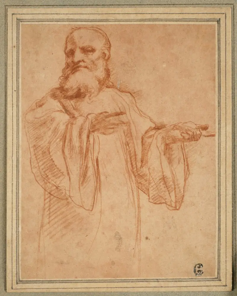 St. Benedict Gesturing to the Left; Study for the Coronation of the Virgin av Correggio