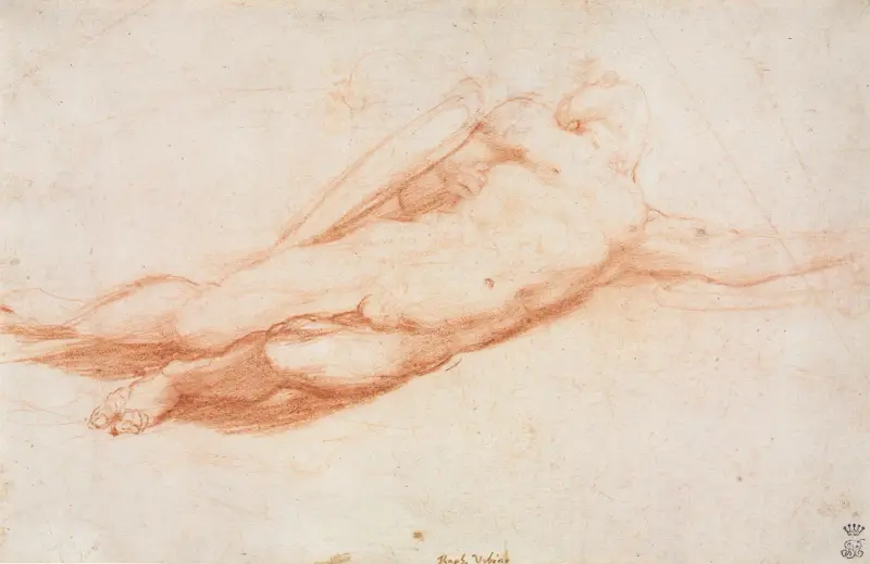 Study of a Fallen Soldier (possibly the Conversion of Saul) (recto) av Correggio