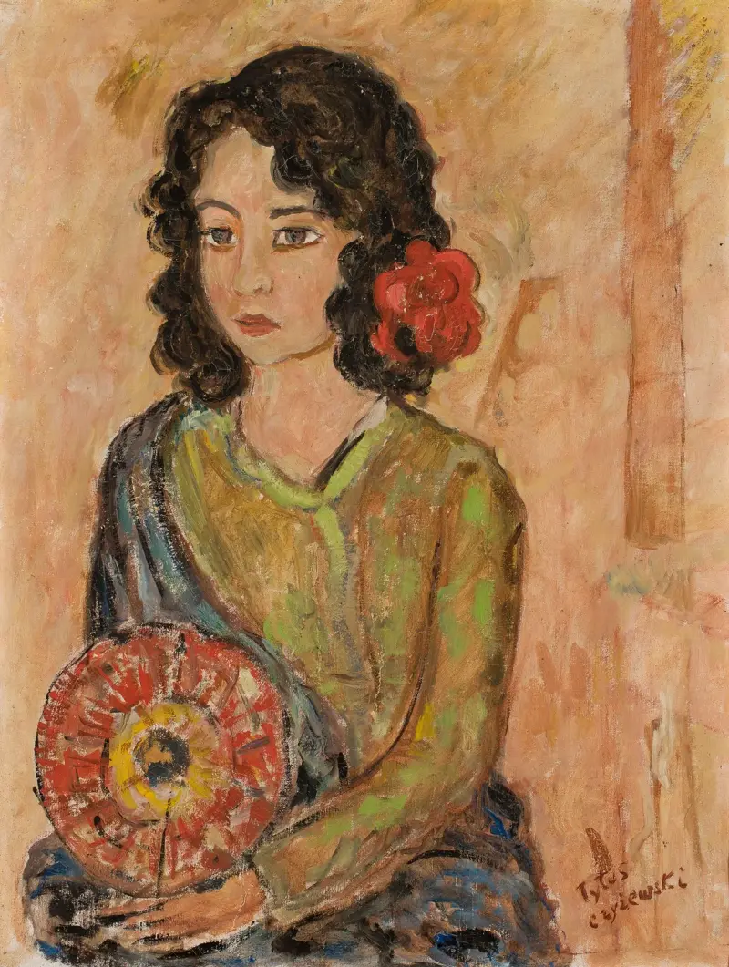 Portrait of a girl with a fan av Tytus Czyżewski