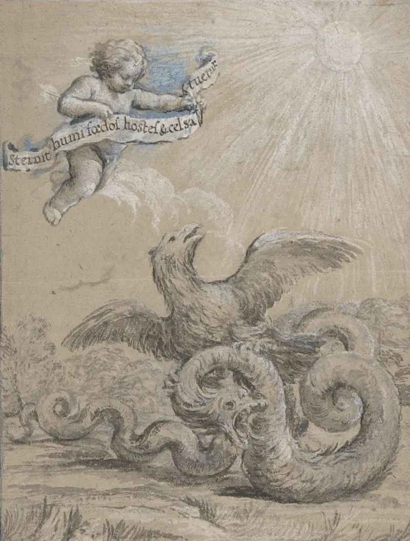 Design med en örn som slåss mot en orm och en putto på himlen som håller en banderoll med inskription av Pietro da Cortona