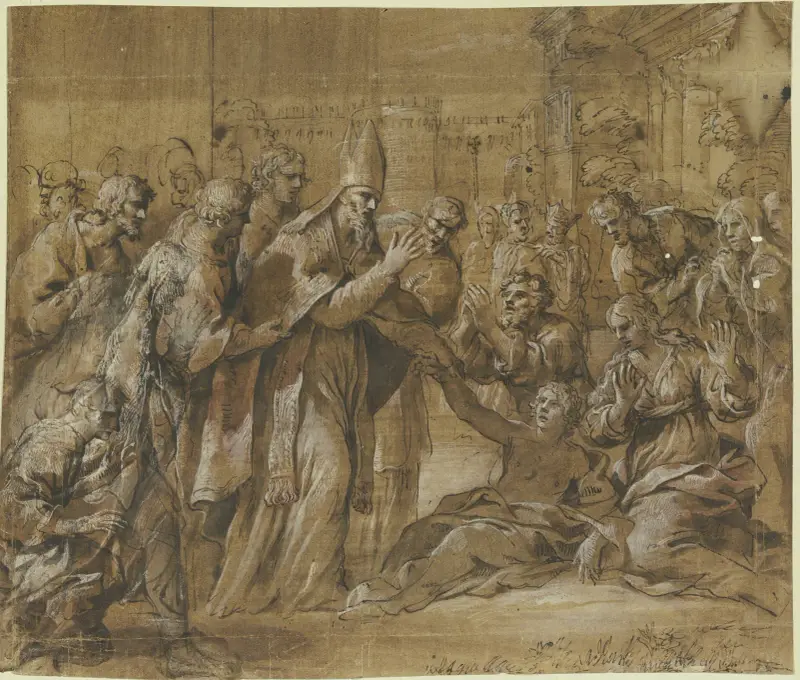 Heilung eines Kranken durch einen Bischof von Pietro da Cortona