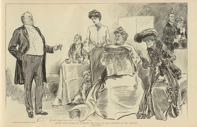 After some years of waiting, Mr. Tagg at last appears in the society columns av Charles Dana Gibson