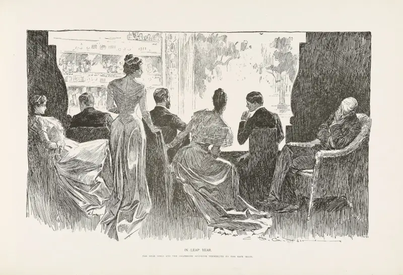 Skottår – De kära flickorna och förklädet vänjer sig vid baksätena av Charles Dana Gibson