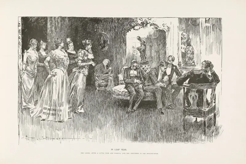 Skottår – Damerna, efter lite vin och tobak, sällar sig till herrarna i salongen av Charles Dana Gibson
