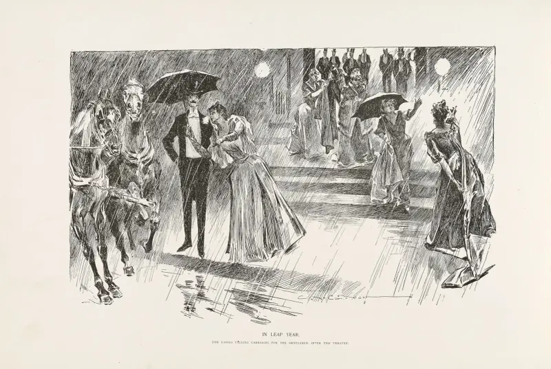 Skottår – Damerna kallar på vagnar åt herrarna efter teatern av Charles Dana Gibson