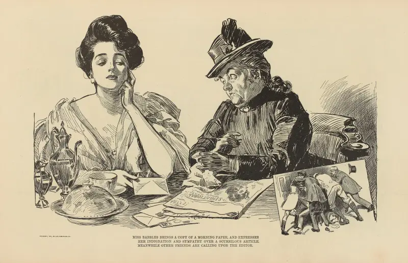 Miss Babbles brings a copy of a morning paper av Charles Dana Gibson