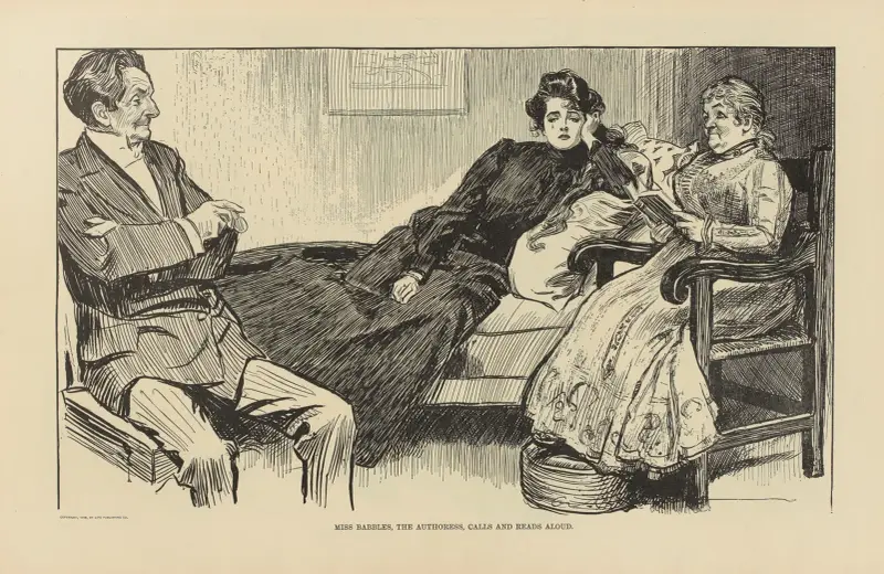 Miss Babbles, the authoress, calls and reads aloud av Charles Dana Gibson