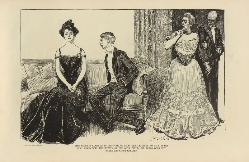 Mrs. Diggs larmas av att upptäcka vad hon tror är en fälla… av Charles Dana Gibson