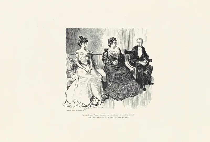 Mrs. J. Brassy Pushe; Ich gestehe, ich bin ganz versessen darauf, meine Tochter zu verheiraten von Charles Dana Gibson