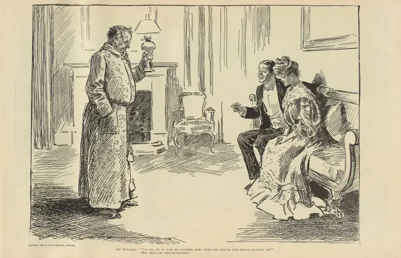 Old Moneybags; ‘Can you sit up with my daughter every night and still do your regular business, sir’ av Charles Dana Gibson