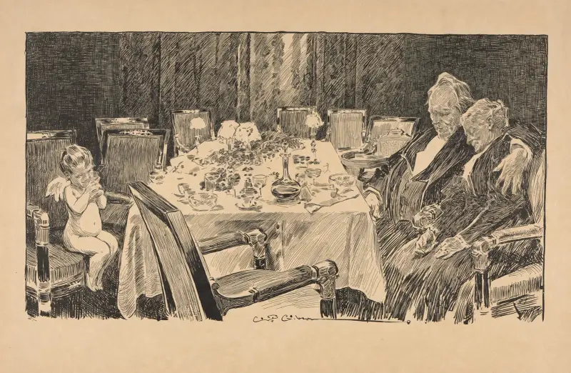 Putti sips champagne at banquet table near sleeping elderly couple av Charles Dana Gibson