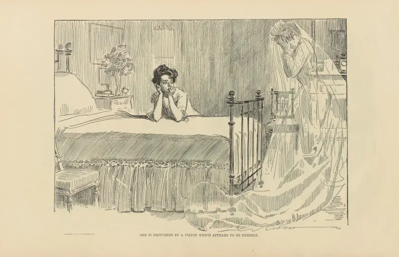 Hon störs av en vision som tycks vara hon själv av Charles Dana Gibson