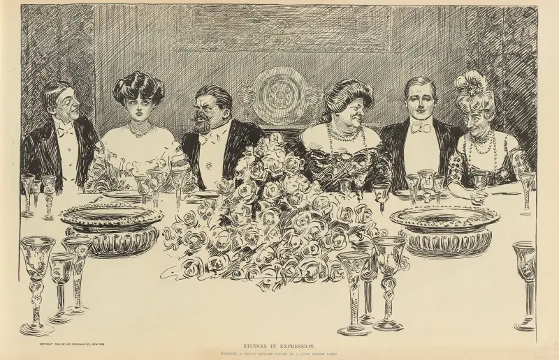 Studies in expression. Showing a newly engaged couple at a large dinner party av Charles Dana Gibson