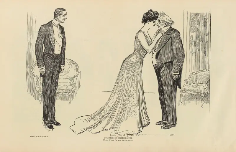Studies in expression. While Uncle Joe has his tie fixed av Charles Dana Gibson