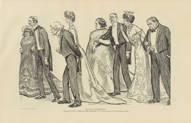 Study in expression, while the hostess whispers to Jones av Charles Dana Gibson