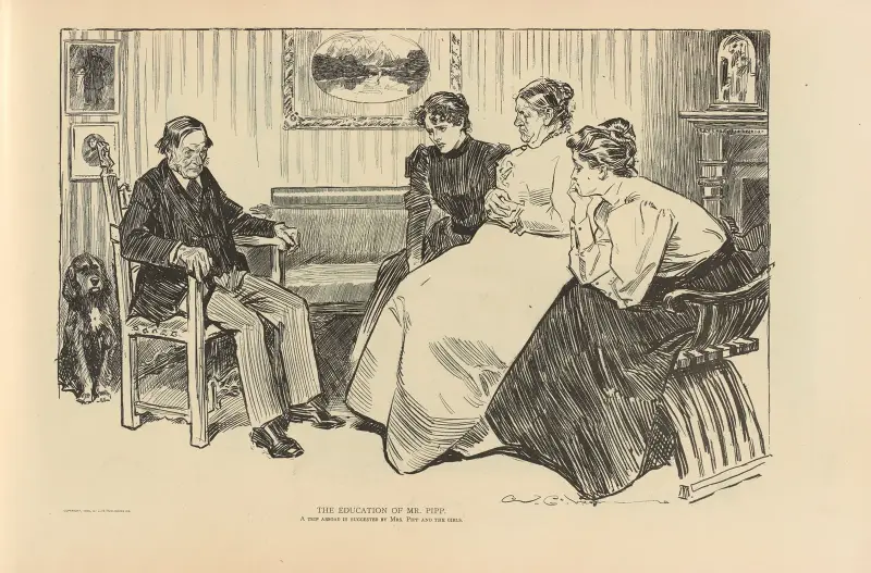 Die Erziehung von Mr. Pipp. Eine Auslandsreise wird von Mrs. Plpp und den Mädchen vorgeschlagen von Charles Dana Gibson