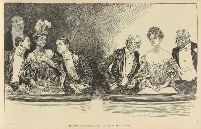 The man she really cares for sits in the gallery av Charles Dana Gibson