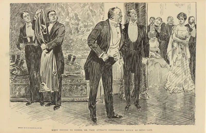 När Mr. Tagg bjuds på middag väcker han stor uppmärksamhet genom att komma sent av Charles Dana Gibson