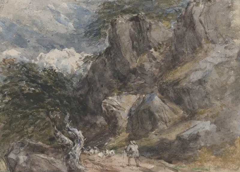 Driva får i ett klippigt landskap av David Cox
