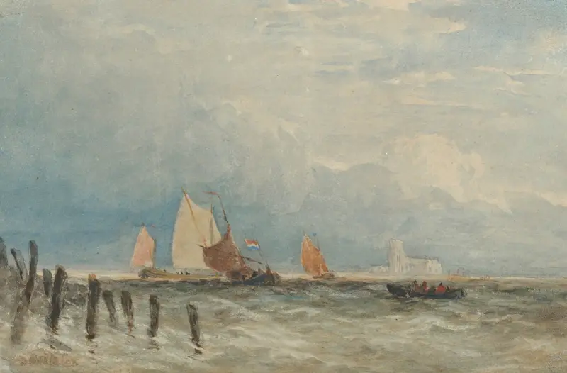Holländska fiskebåtar utanför kusten, med Grote Kerk i Dordrecht i fjärran av David Cox