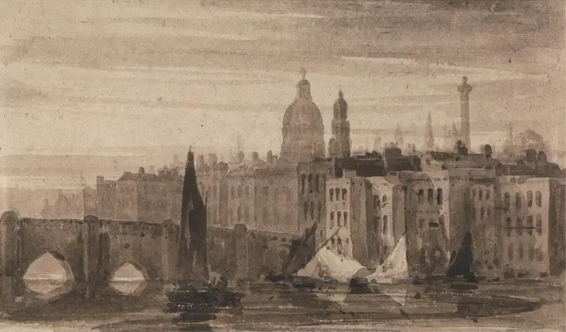 Gamla London Bridge och St. Pauls katedral från Themsen av David Cox