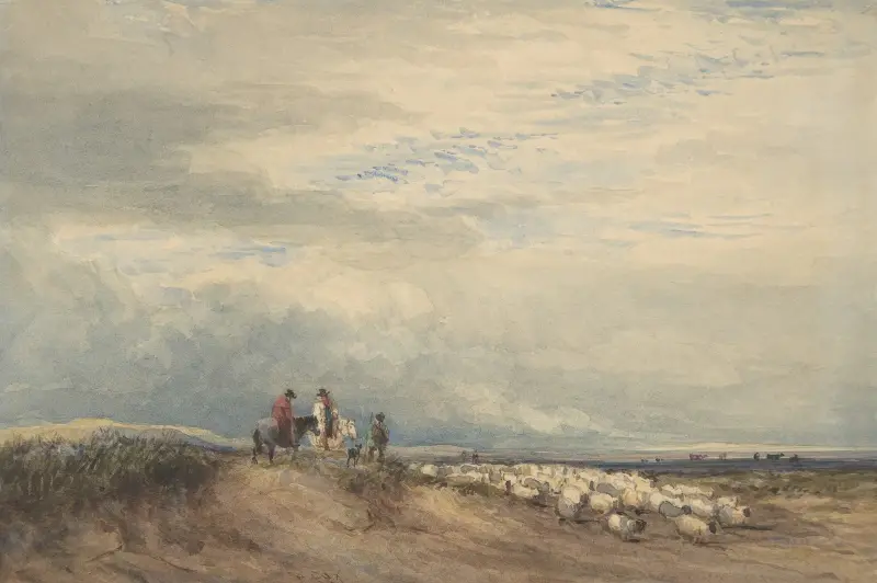 Ryttare med får vid en flodmynning av David Cox