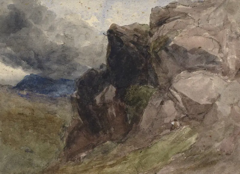 Felslandschaft in Wales mit Figurenzeichnung im Vordergrund rechts von David Cox