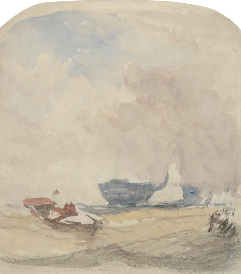 Havsstudie med skrov, segelbåt och roddbåt av David Cox