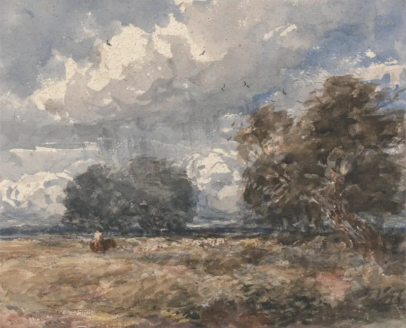 Pasení stáda, větrný den, David Cox