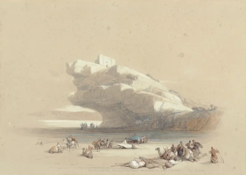The approach to Petra, looking up to an ancient watchtower av David Roberts