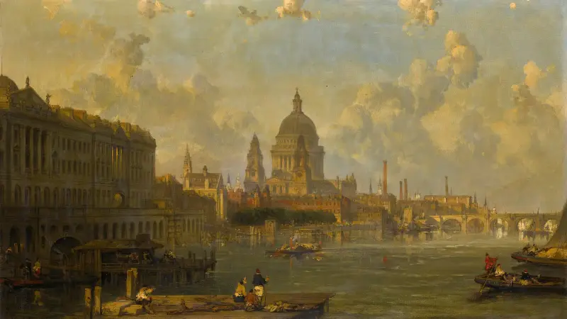 Utsikt från Waterloo Bridge mot St Pauls, Somerset House och Temple av David Roberts